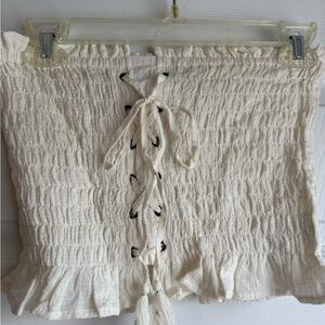 American Eagle Outfitters Cream Smocked Lace-Up Crop Top